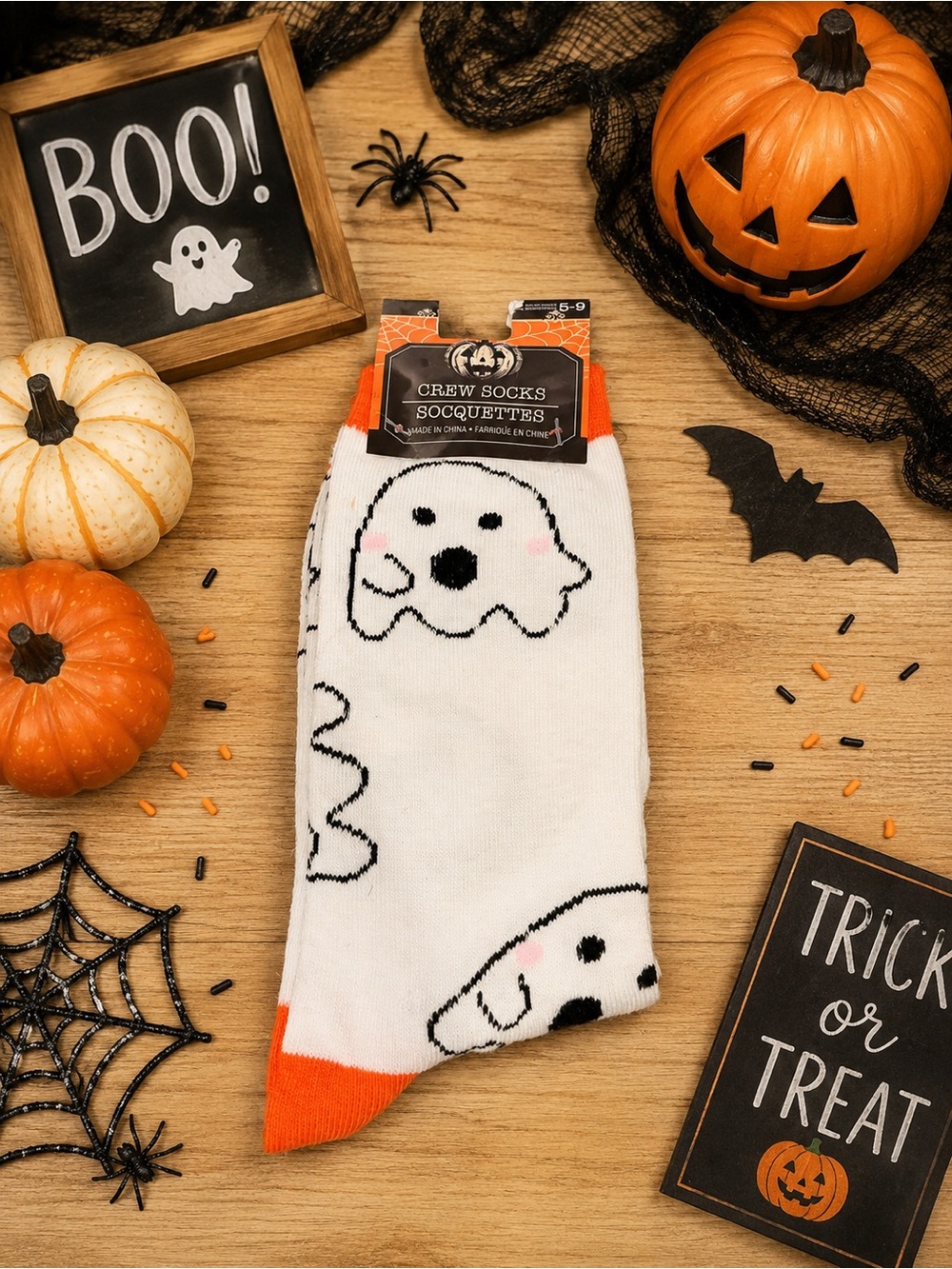 Halloween Ghost Crew Socks Women’s Size 5-9 White Orange NWT